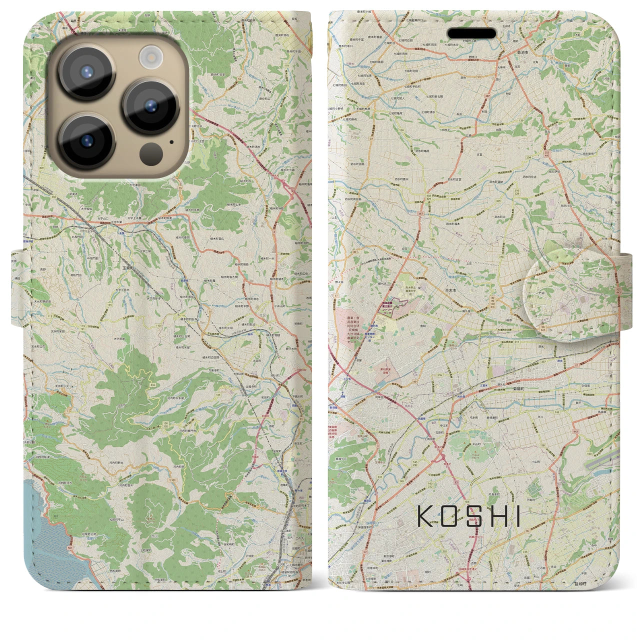 【合志(熊本県)】地図柄iPhoneケース(手帳タイプ)ナチュラル・iPhone 14 Pro Max 用