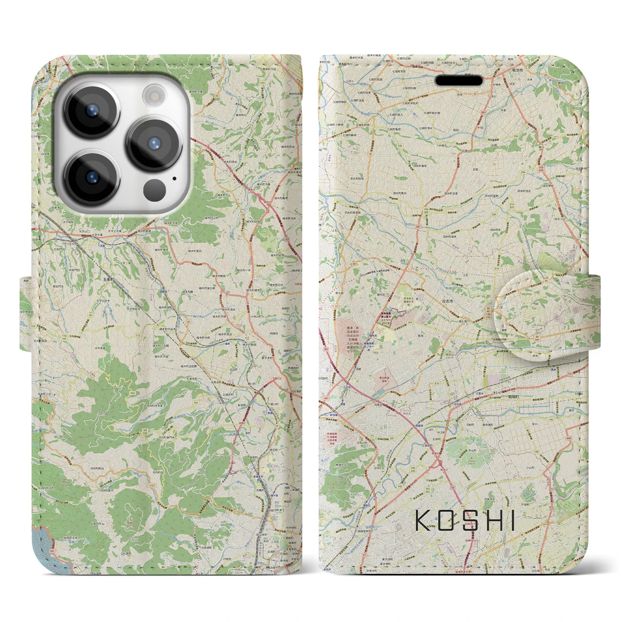 【合志(熊本県)】地図柄iPhoneケース(手帳タイプ)ナチュラル・iPhone 14 Pro 用