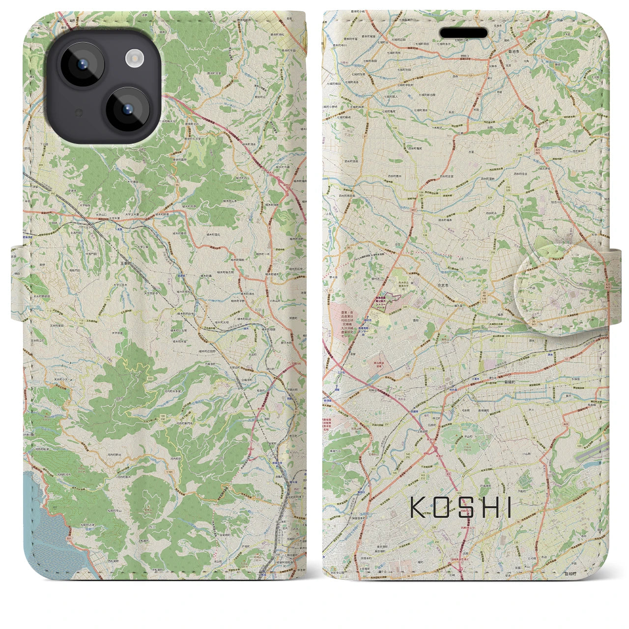 【合志(熊本県)】地図柄iPhoneケース(手帳タイプ)ナチュラル・iPhone 14 Plus 用