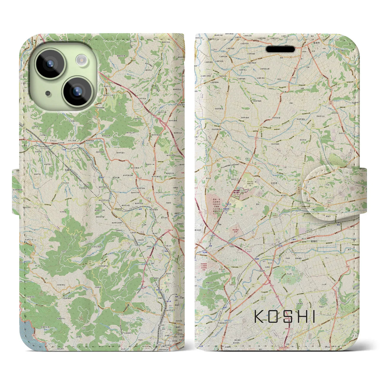 【合志(熊本県)】地図柄iPhoneケース(手帳タイプ)ナチュラル・iPhone 15 用