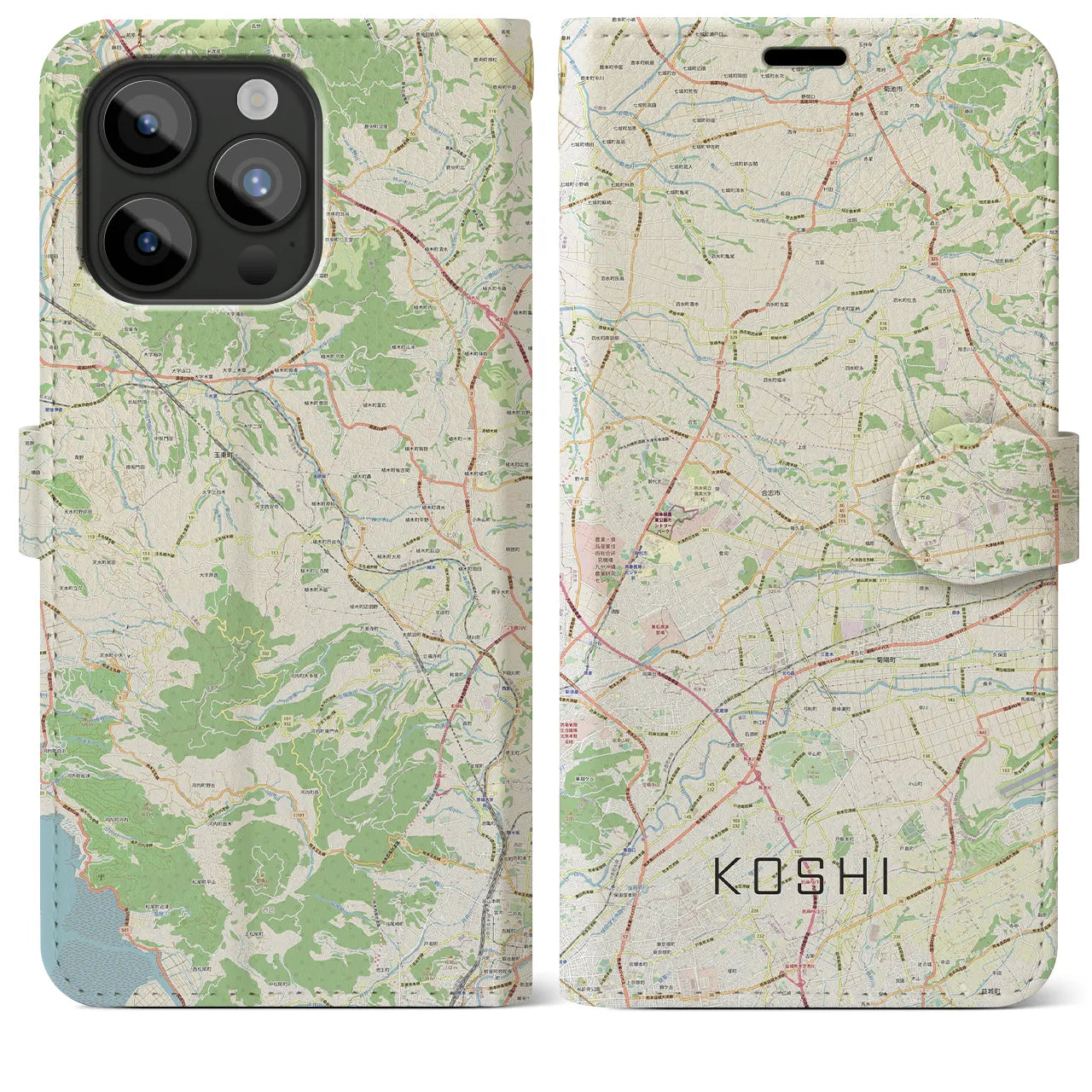 【合志(熊本県)】地図柄iPhoneケース(手帳タイプ)ナチュラル・iPhone 15 Pro Max 用