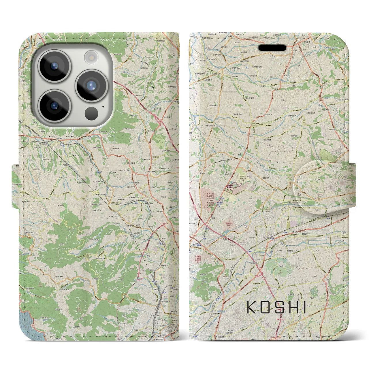 【合志(熊本県)】地図柄iPhoneケース(手帳タイプ)ナチュラル・iPhone 15 Pro 用