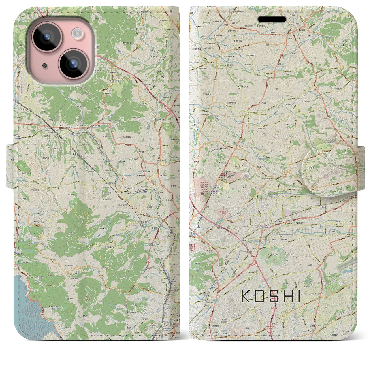 【合志(熊本県)】地図柄iPhoneケース(手帳タイプ)ナチュラル・iPhone 15 Plus 用