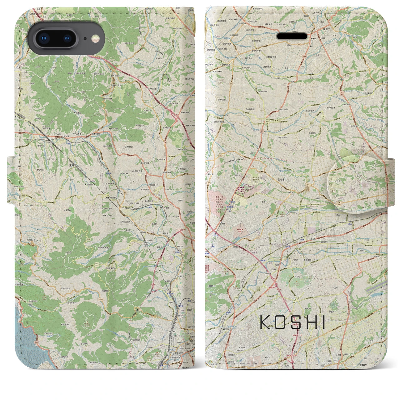 【合志(熊本県)】地図柄iPhoneケース(手帳タイプ)ナチュラル・iPhone 8Plus /7Plus / 6sPlus / 6Plus 用
