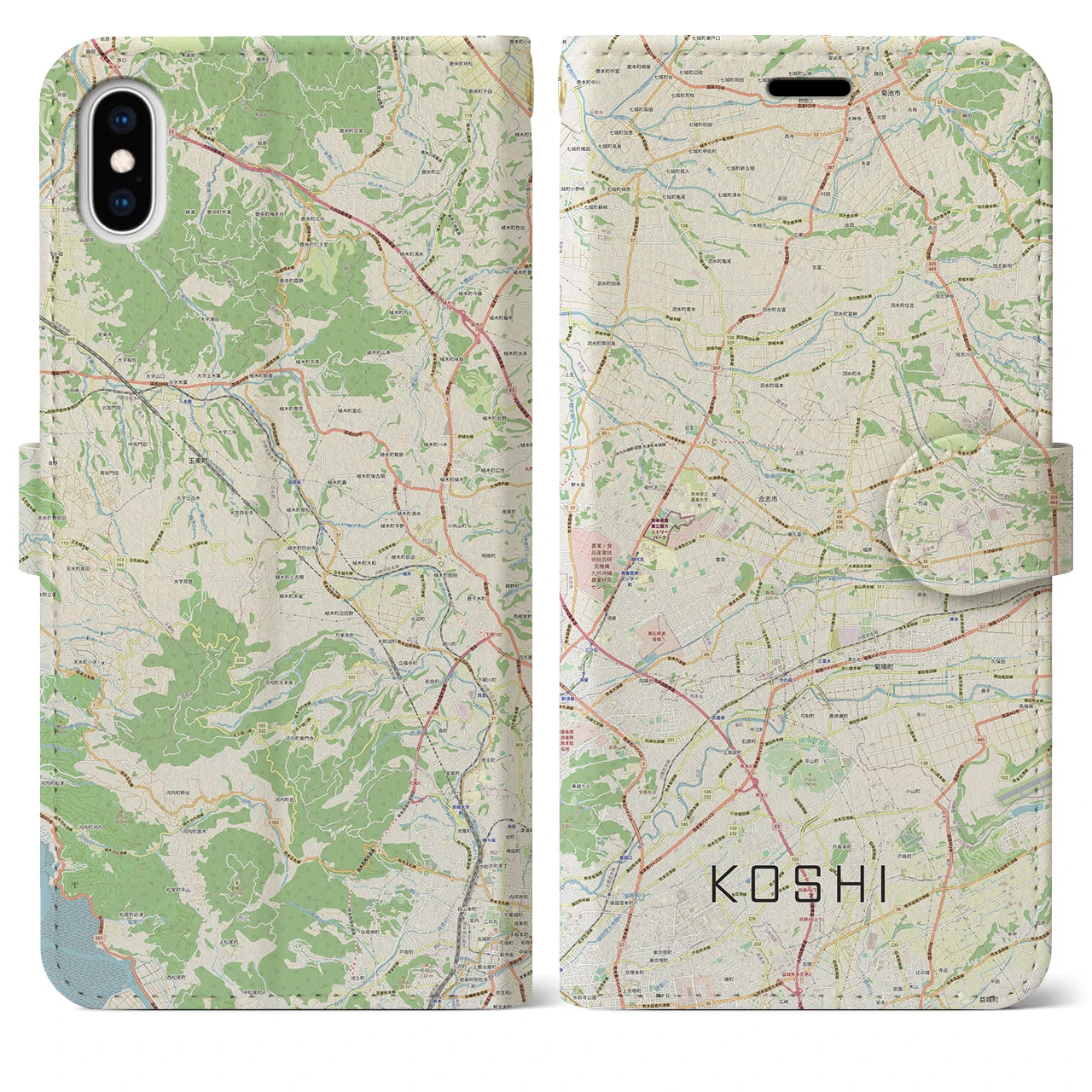 【合志(熊本県)】地図柄iPhoneケース(手帳タイプ)ナチュラル・iPhone XS Max 用