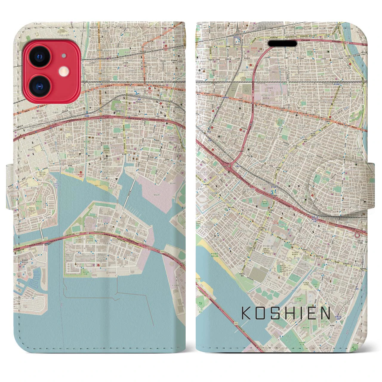 【甲子園(兵庫県)】地図柄iPhoneケース(手帳タイプ)ナチュラル・iPhone 11 用