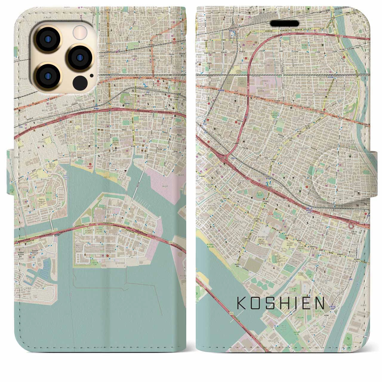 【甲子園(兵庫県)】地図柄iPhoneケース(手帳タイプ)ナチュラル・iPhone 12 Pro Max 用