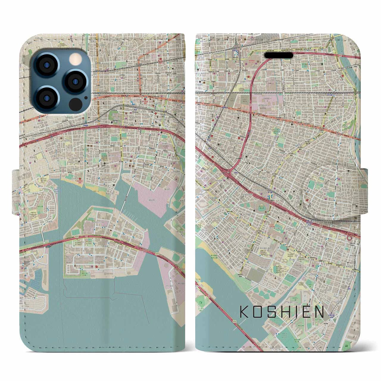 【甲子園(兵庫県)】地図柄iPhoneケース(手帳タイプ)ナチュラル・iPhone 12 / 12 Pro 用
