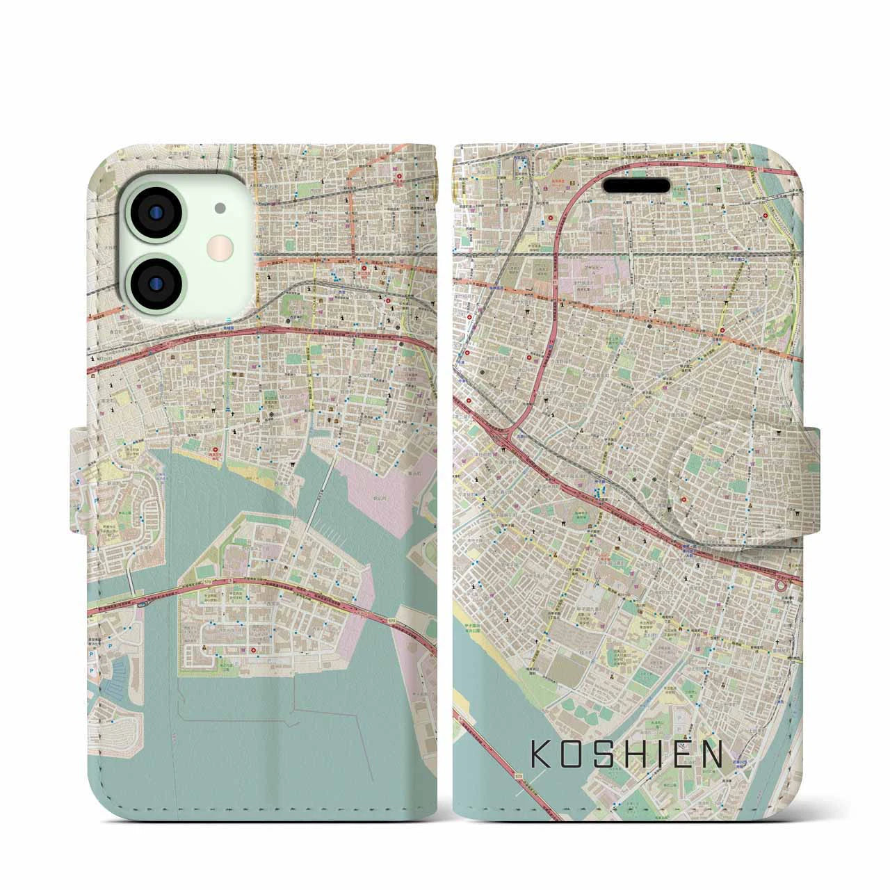 【甲子園(兵庫県)】地図柄iPhoneケース(手帳タイプ)ナチュラル・iPhone 12 mini 用