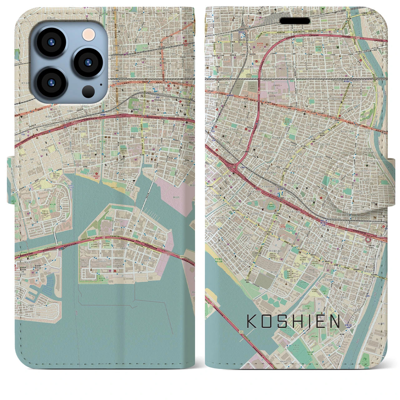 【甲子園(兵庫県)】地図柄iPhoneケース(手帳タイプ)ナチュラル・iPhone 13 Pro Max 用
