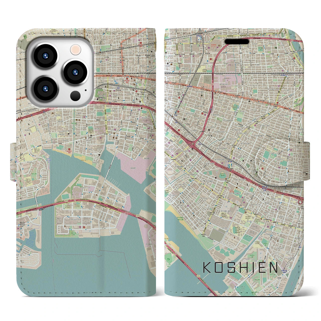 【甲子園(兵庫県)】地図柄iPhoneケース(手帳タイプ)ナチュラル・iPhone 13 Pro 用