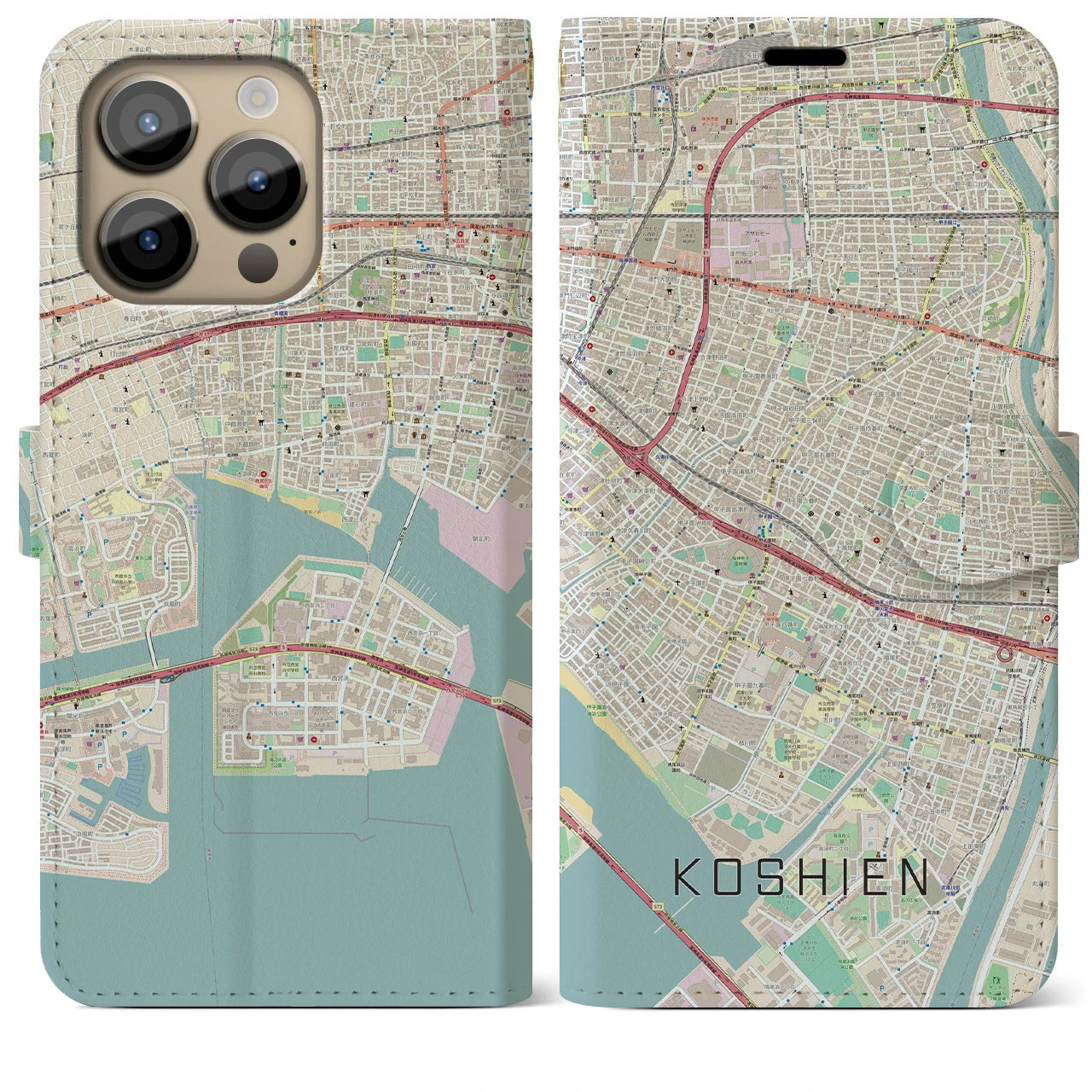 【甲子園(兵庫県)】地図柄iPhoneケース(手帳タイプ)ナチュラル・iPhone 14 Pro Max 用