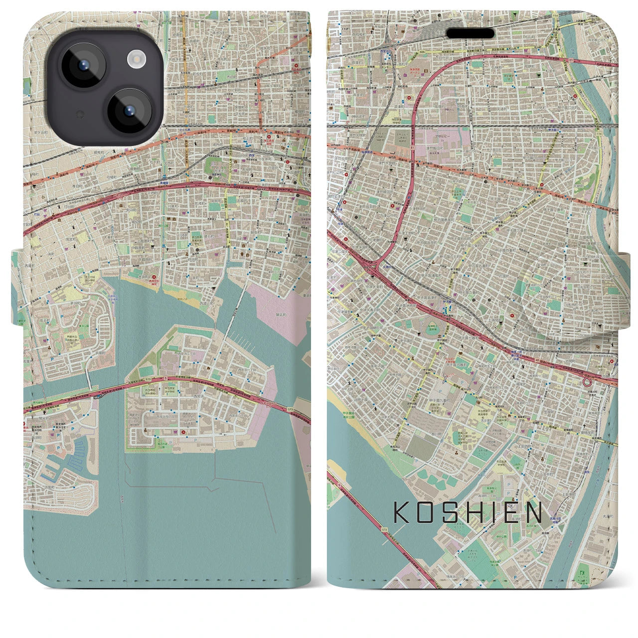 【甲子園(兵庫県)】地図柄iPhoneケース(手帳タイプ)ナチュラル・iPhone 14 Plus 用