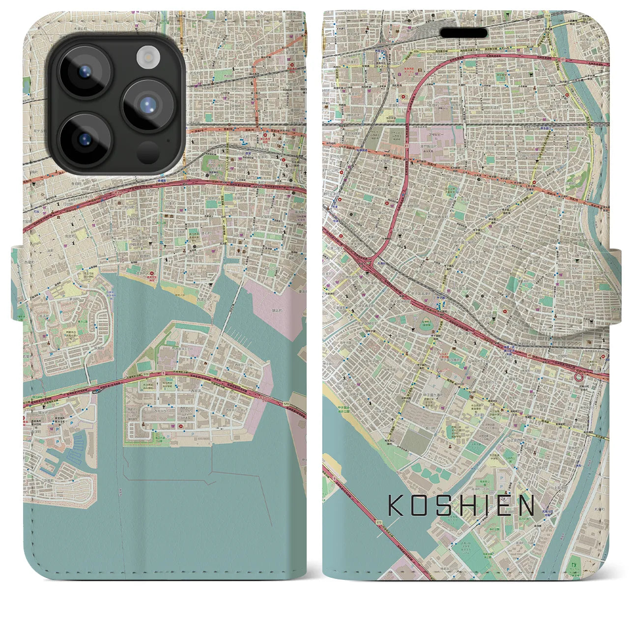 【甲子園(兵庫県)】地図柄iPhoneケース(手帳タイプ)ナチュラル・iPhone 15 Pro Max 用