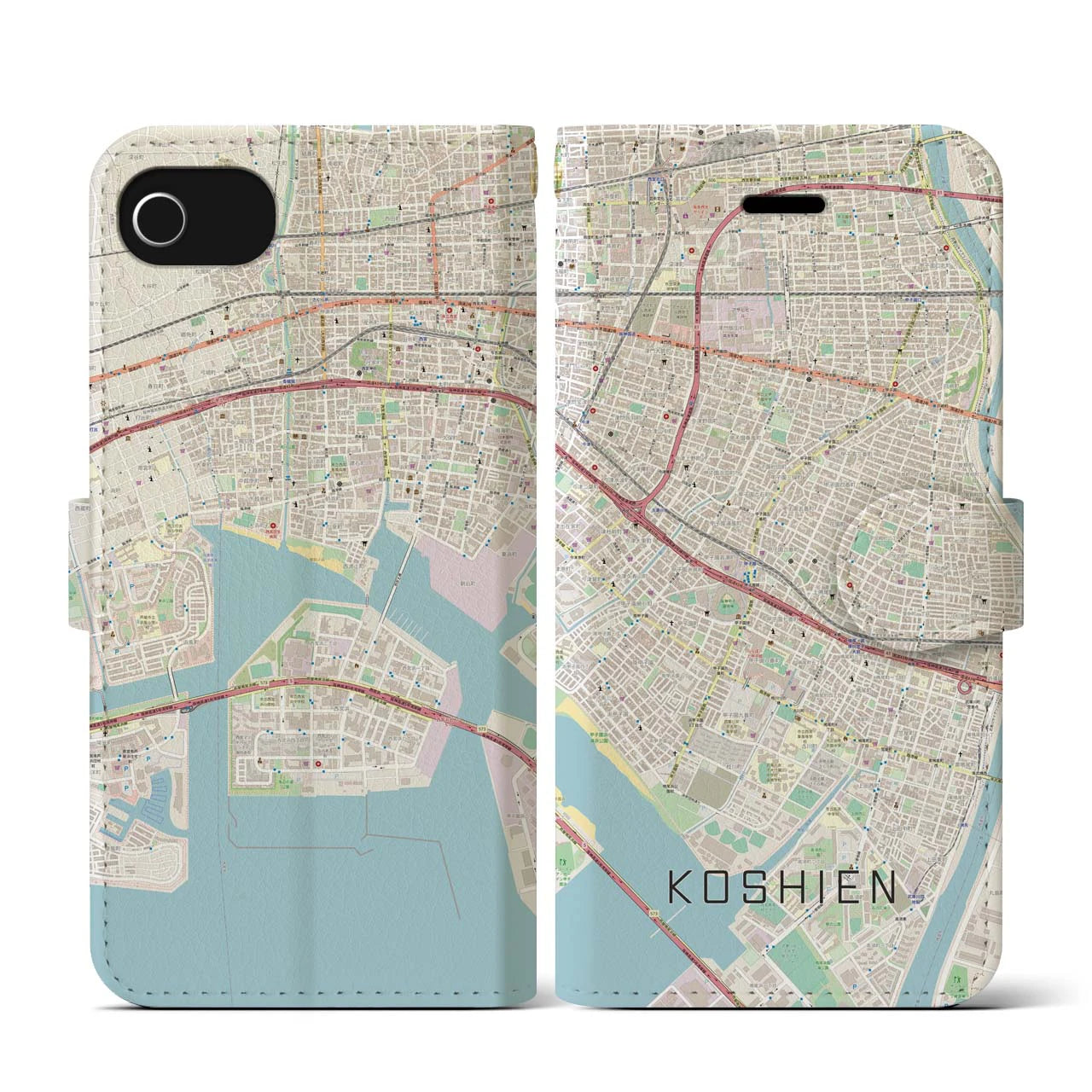 【甲子園(兵庫県)】地図柄iPhoneケース(手帳タイプ)ナチュラル・iPhone SE(第3 / 第2世代) / 8 / 7 / 6s / 6 用