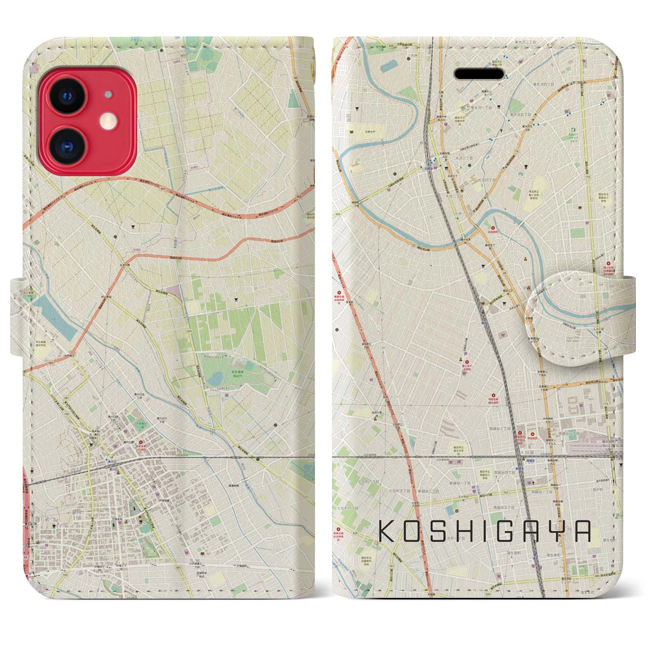 【越谷(埼玉県)】地図柄iPhoneケース(手帳タイプ)ナチュラル・iPhone 11 用