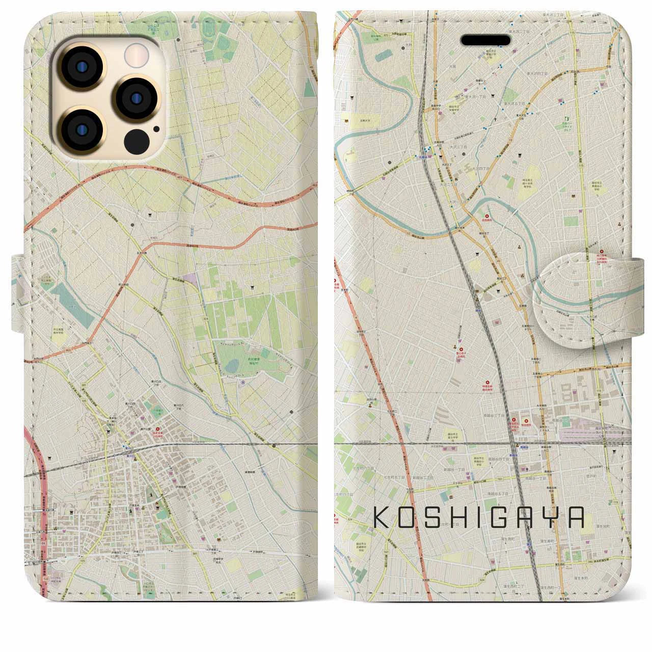 【越谷(埼玉県)】地図柄iPhoneケース(手帳タイプ)ナチュラル・iPhone 12 Pro Max 用