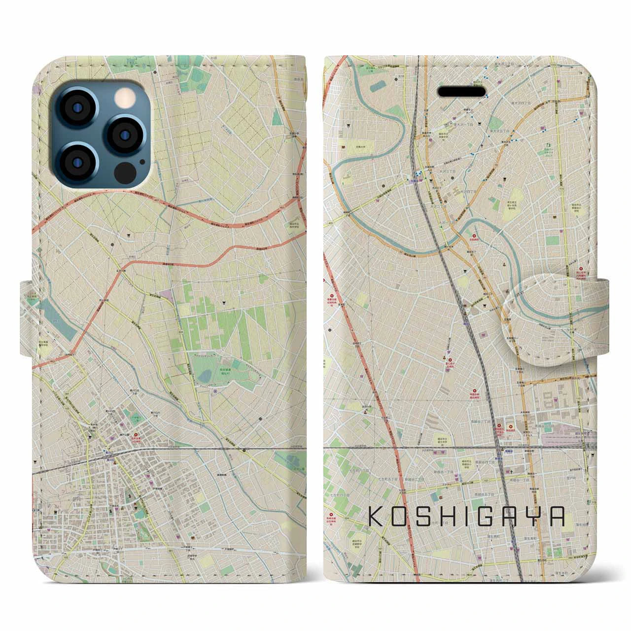 【越谷(埼玉県)】地図柄iPhoneケース(手帳タイプ)ナチュラル・iPhone 12 / 12 Pro 用