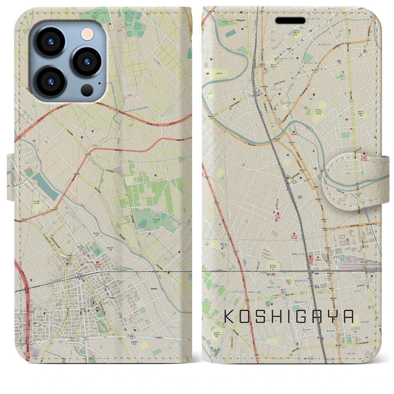 【越谷(埼玉県)】地図柄iPhoneケース(手帳タイプ)ナチュラル・iPhone 13 Pro Max 用