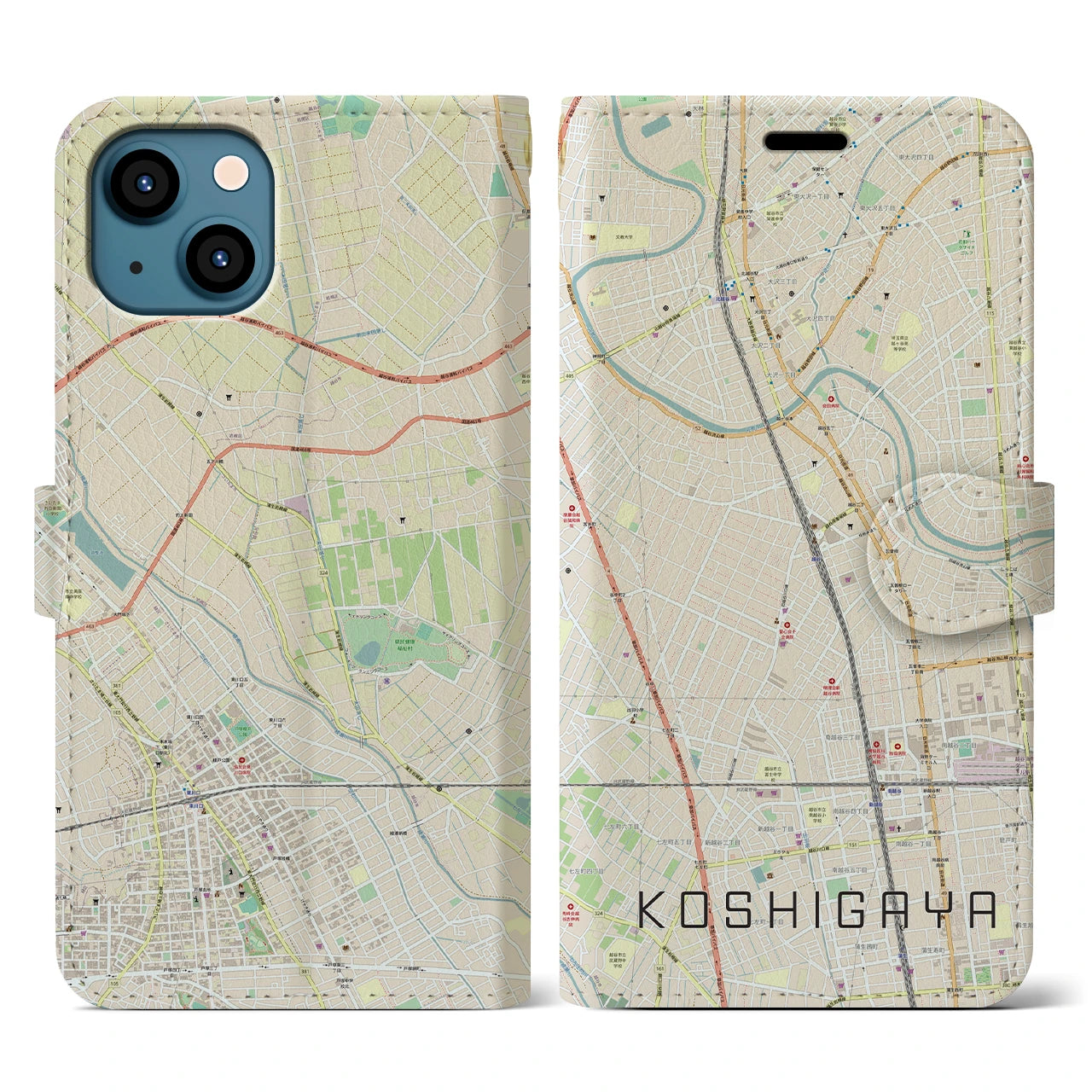 【越谷(埼玉県)】地図柄iPhoneケース(手帳タイプ)ナチュラル・iPhone 13 用