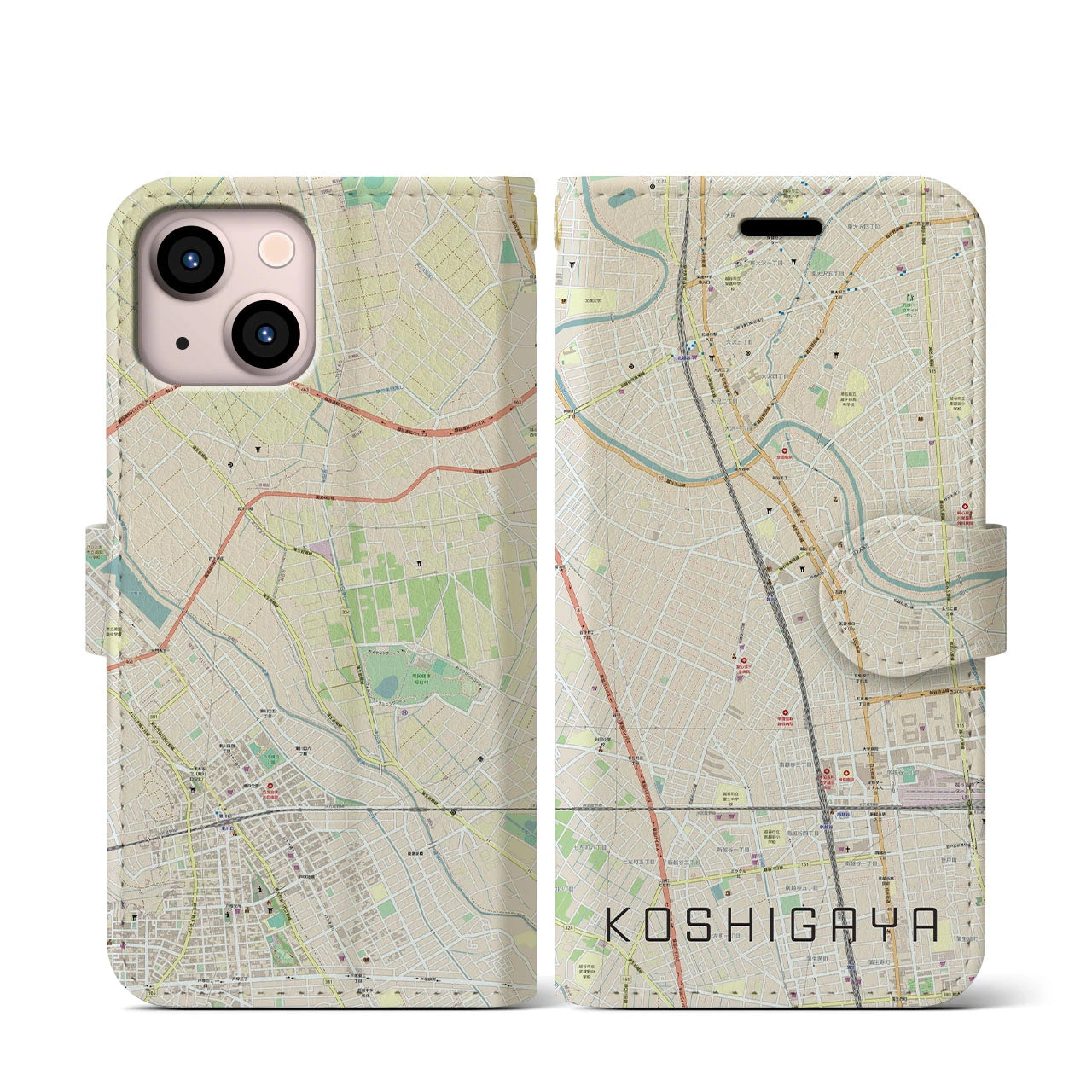 【越谷(埼玉県)】地図柄iPhoneケース(手帳タイプ)ナチュラル・iPhone 13 mini 用