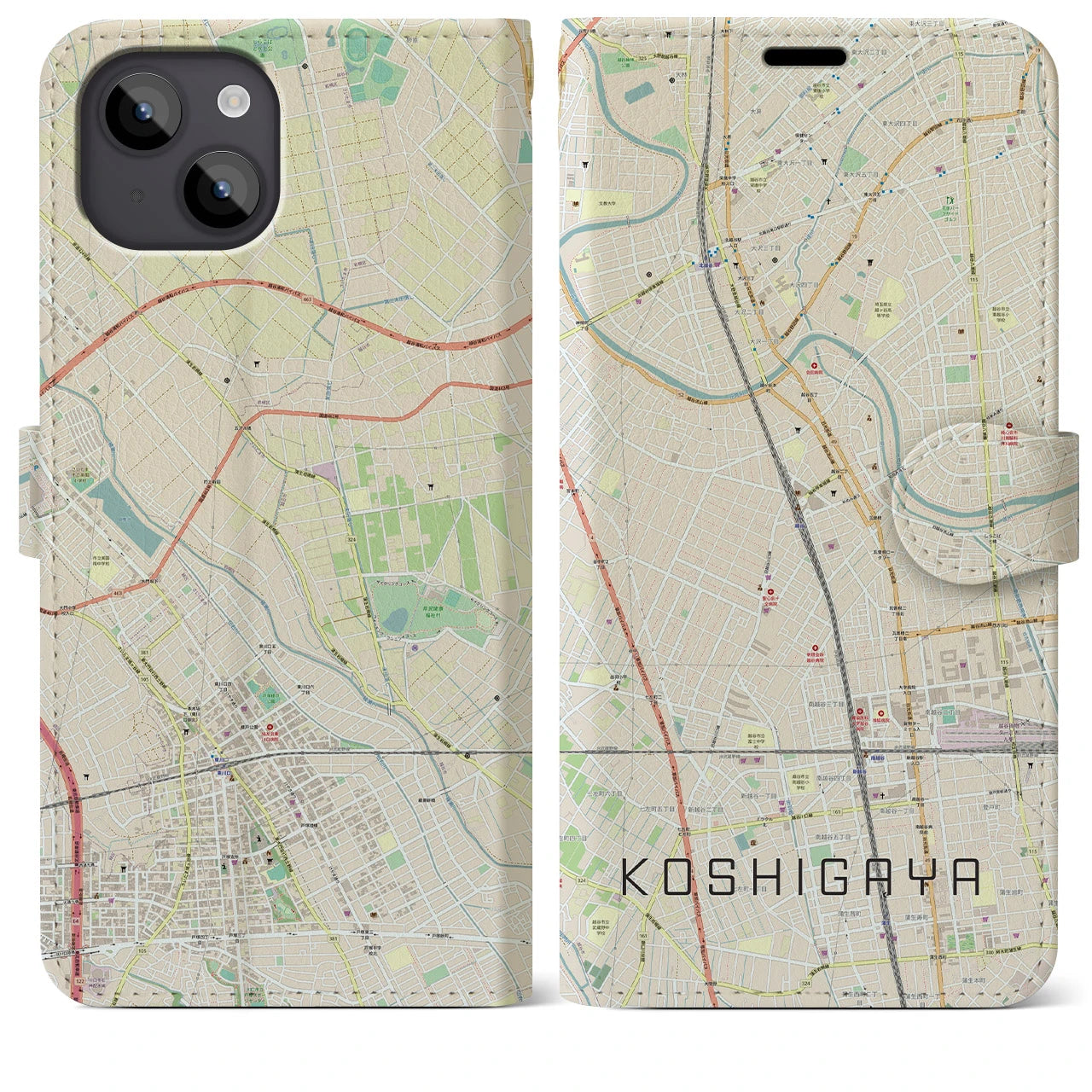 【越谷(埼玉県)】地図柄iPhoneケース(手帳タイプ)ナチュラル・iPhone 14 Plus 用