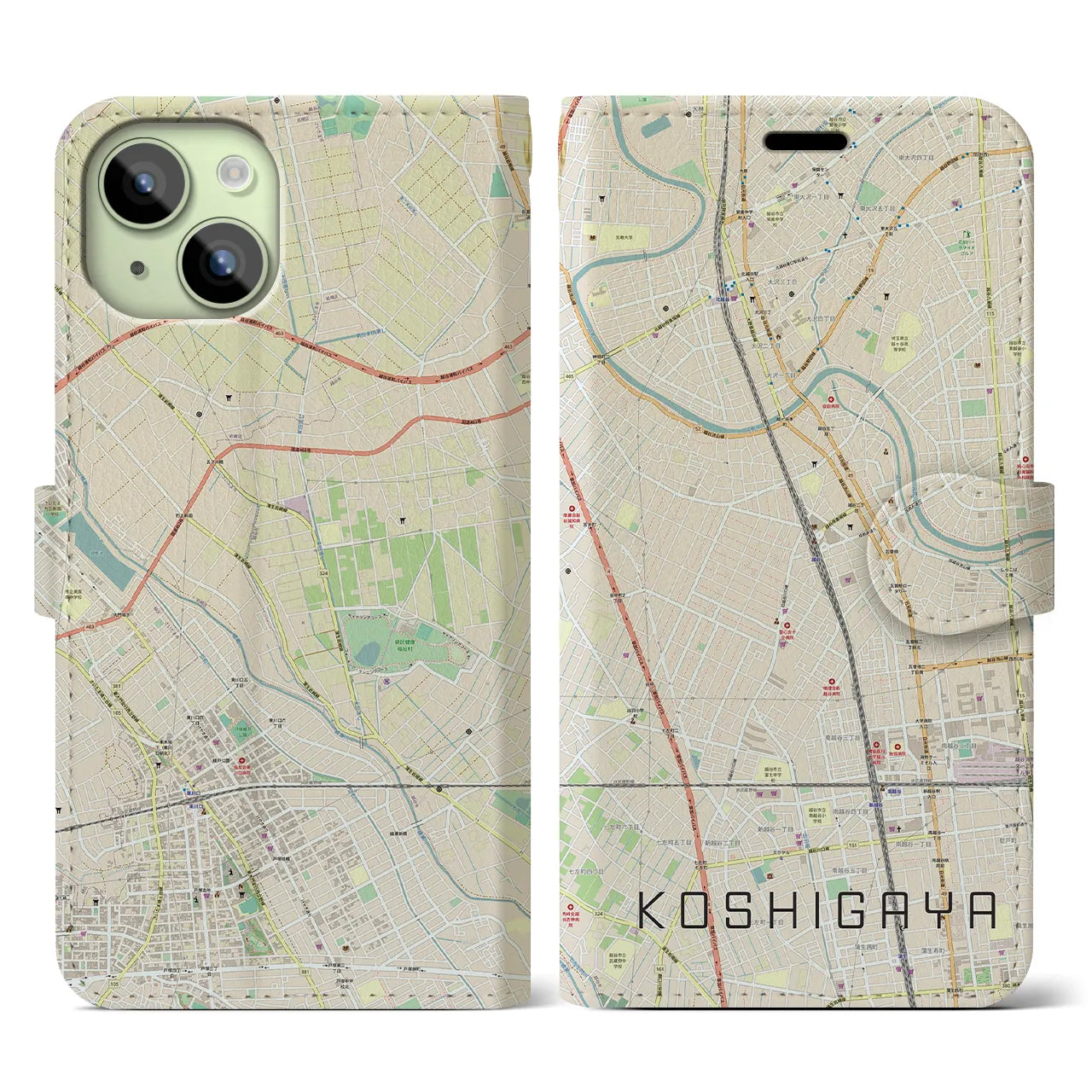 【越谷(埼玉県)】地図柄iPhoneケース(手帳タイプ)ナチュラル・iPhone 15 用