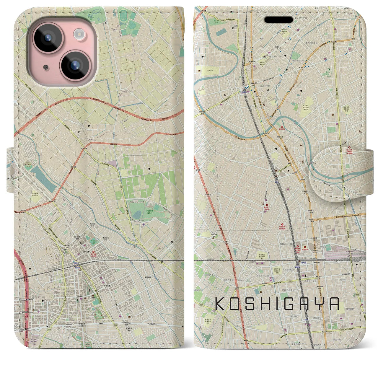 【越谷(埼玉県)】地図柄iPhoneケース(手帳タイプ)ナチュラル・iPhone 15 Plus 用