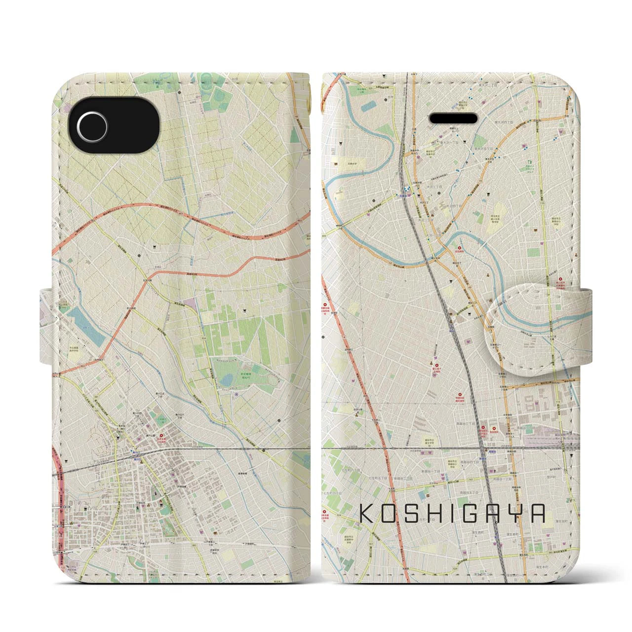 【越谷(埼玉県)】地図柄iPhoneケース(手帳タイプ)ナチュラル・iPhone SE(第3 / 第2世代) / 8 / 7 / 6s / 6 用