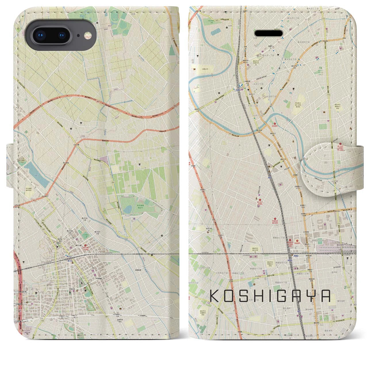 【越谷(埼玉県)】地図柄iPhoneケース(手帳タイプ)ナチュラル・iPhone 8Plus /7Plus / 6sPlus / 6Plus 用