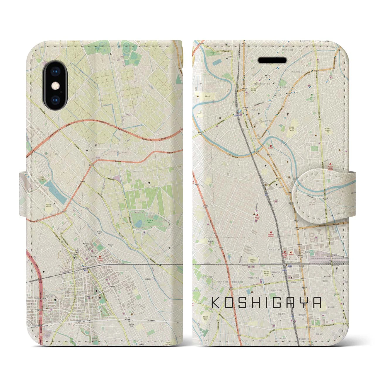 【越谷(埼玉県)】地図柄iPhoneケース(手帳タイプ)ナチュラル・iPhone XS / X 用