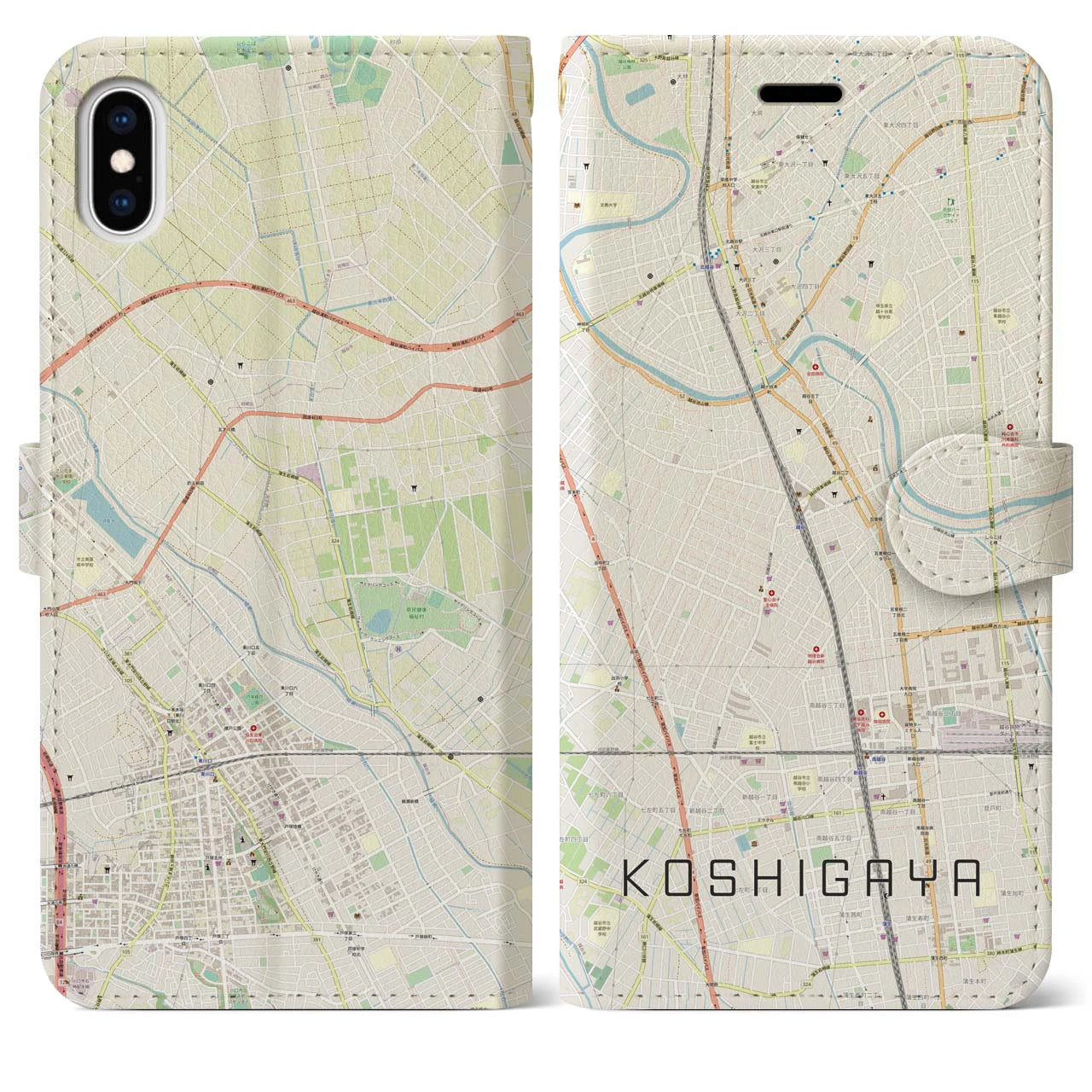 【越谷(埼玉県)】地図柄iPhoneケース(手帳タイプ)ナチュラル・iPhone XS Max 用