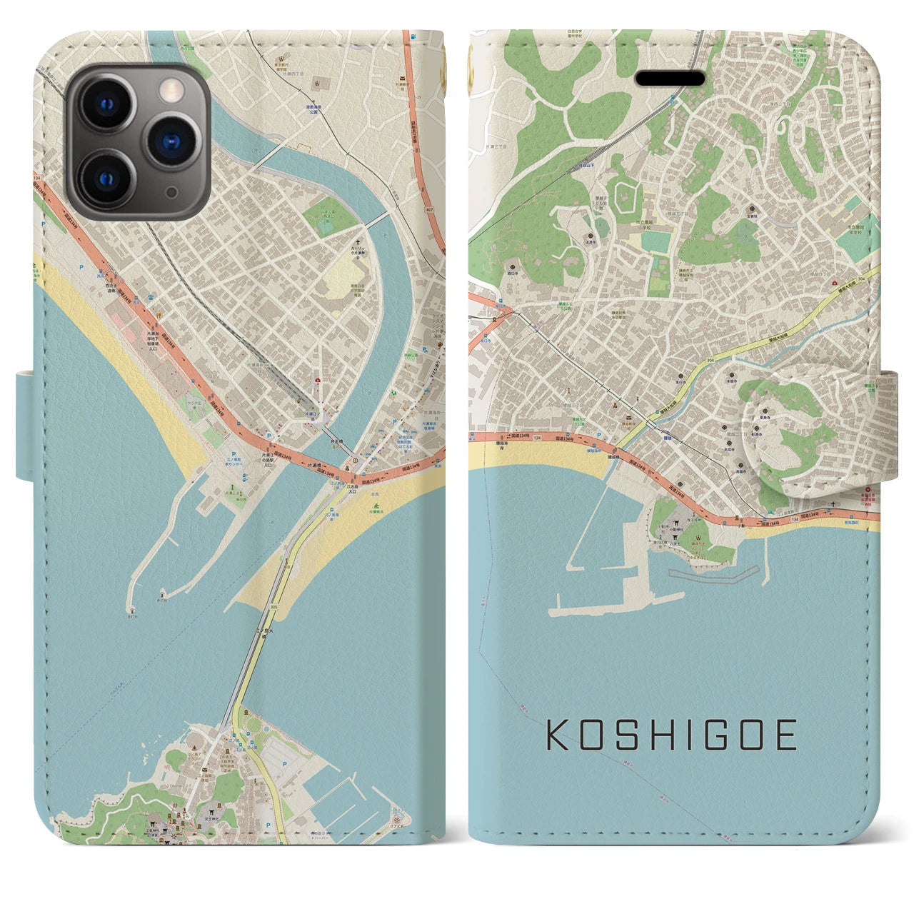 【腰越(神奈川県)】地図柄iPhoneケース(手帳タイプ)ナチュラル・iPhone 11 Pro Max 用