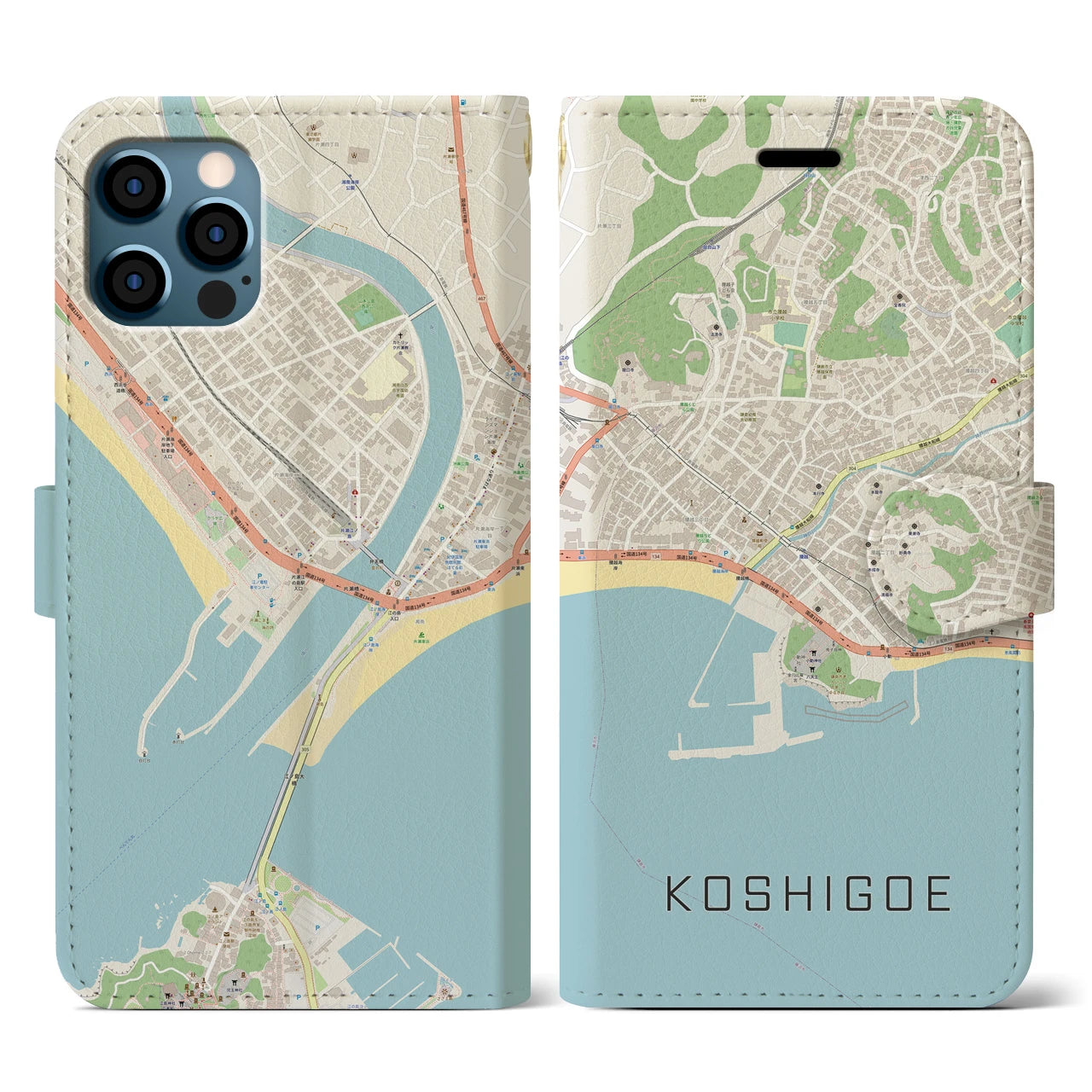 【腰越(神奈川県)】地図柄iPhoneケース(手帳タイプ)ナチュラル・iPhone 12 / 12 Pro 用