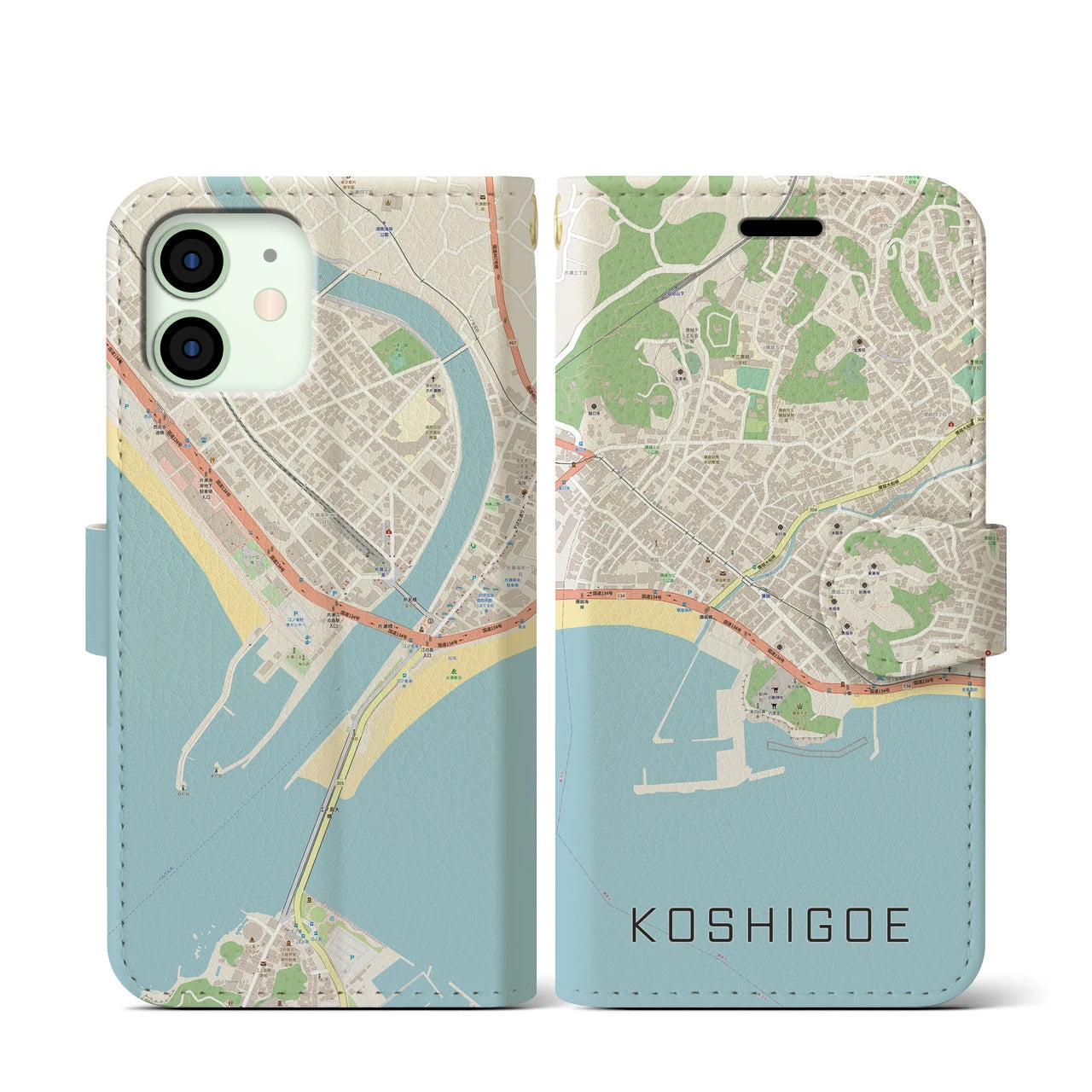 【腰越(神奈川県)】地図柄iPhoneケース(手帳タイプ)ナチュラル・iPhone 12 mini 用