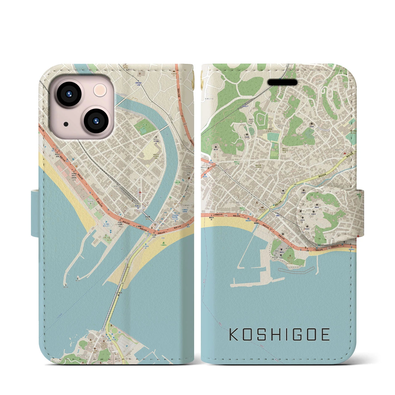 【腰越(神奈川県)】地図柄iPhoneケース(手帳タイプ)ナチュラル・iPhone 13 mini 用