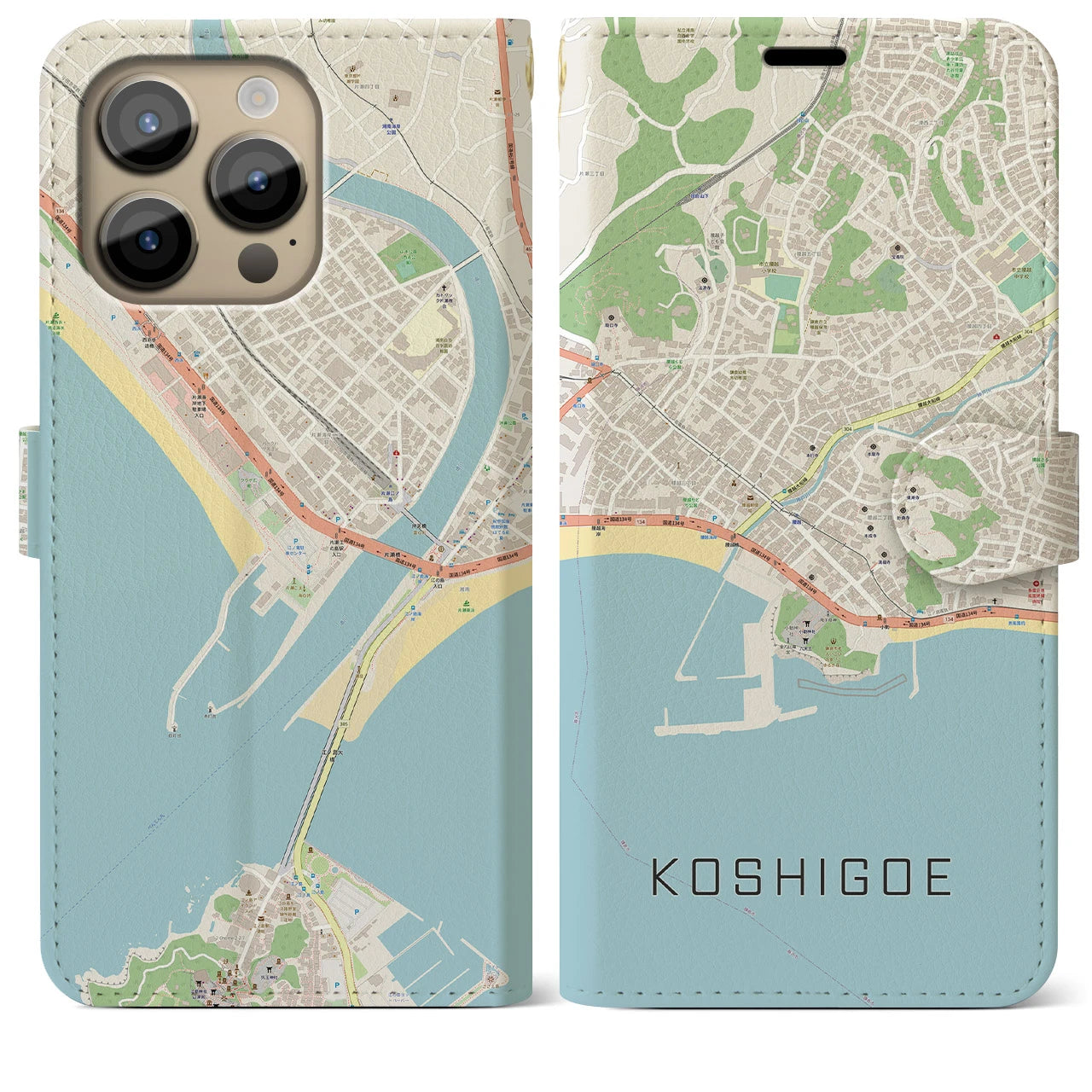 【腰越(神奈川県)】地図柄iPhoneケース(手帳タイプ)ナチュラル・iPhone 14 Pro Max 用
