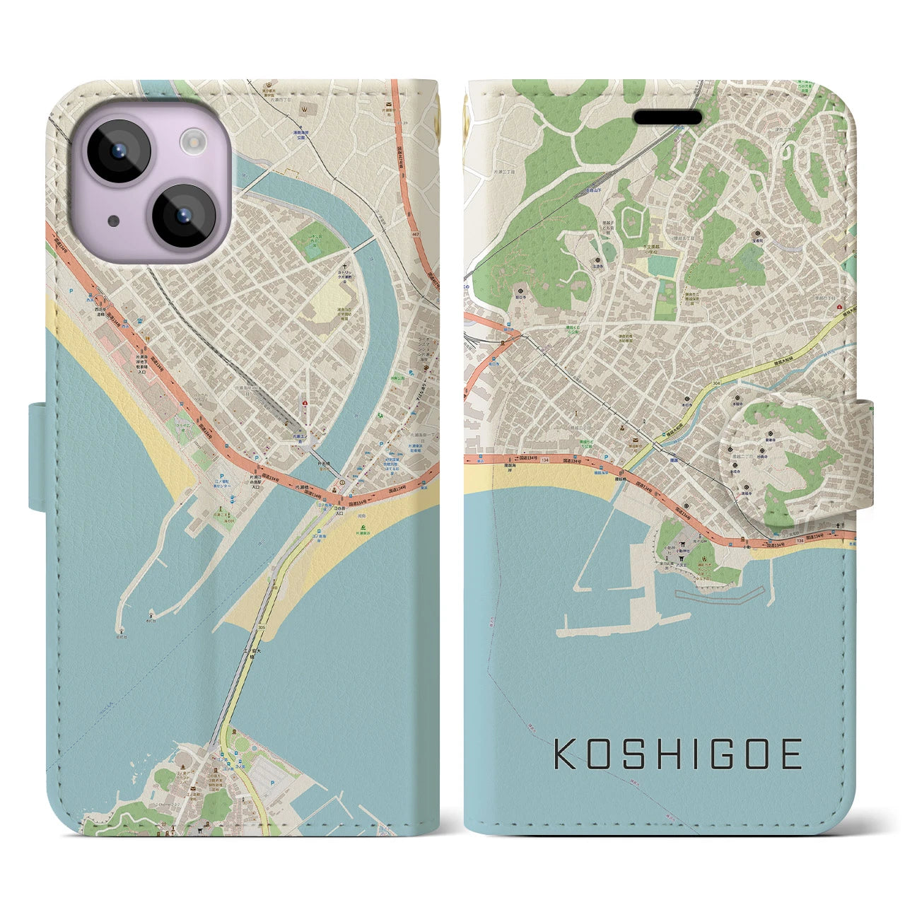 【腰越(神奈川県)】地図柄iPhoneケース(手帳タイプ)ナチュラル・iPhone 14 用