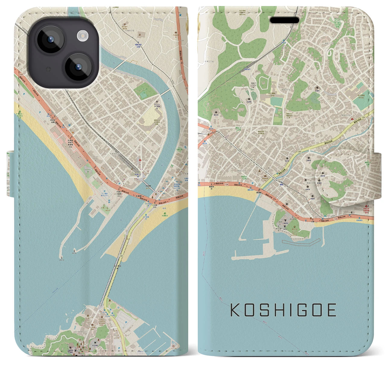【腰越(神奈川県)】地図柄iPhoneケース(手帳タイプ)ナチュラル・iPhone 14 Plus 用