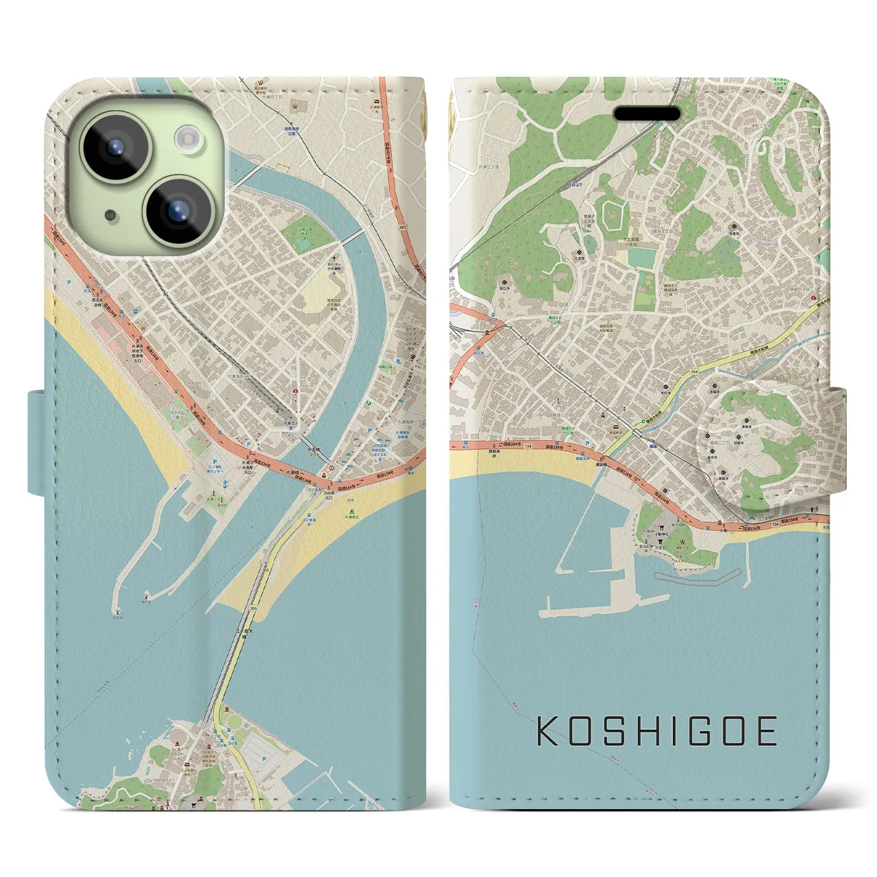 【腰越(神奈川県)】地図柄iPhoneケース(手帳タイプ)ナチュラル・iPhone 15 用