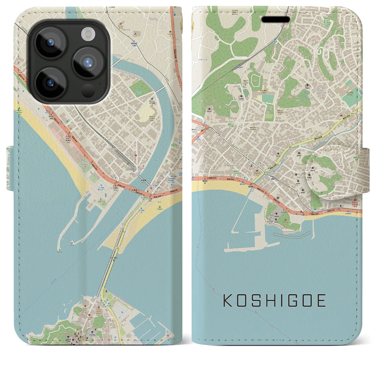 【腰越(神奈川県)】地図柄iPhoneケース(手帳タイプ)ナチュラル・iPhone 15 Pro Max 用