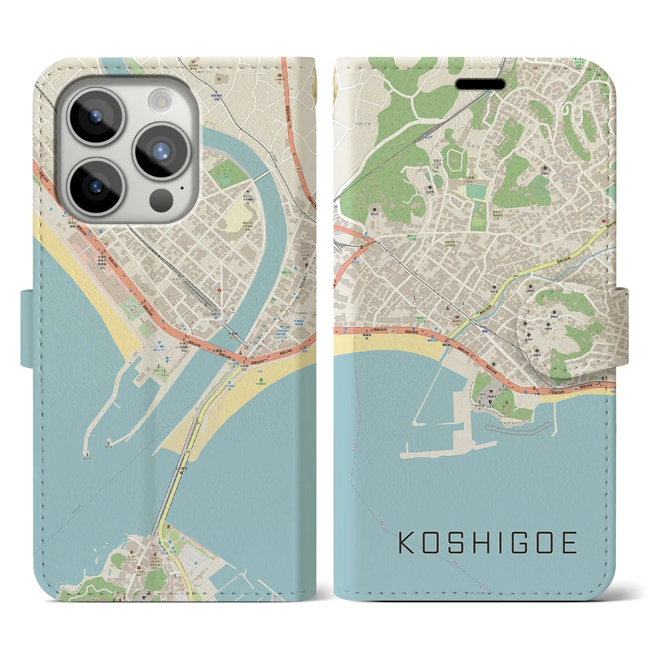 【腰越(神奈川県)】地図柄iPhoneケース(手帳タイプ)ナチュラル・iPhone 15 Pro 用