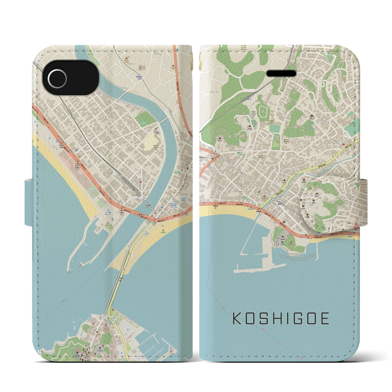 【腰越(神奈川県)】地図柄iPhoneケース(手帳タイプ)ナチュラル・iPhone SE(第3 / 第2世代) / 8 / 7 / 6s / 6 用