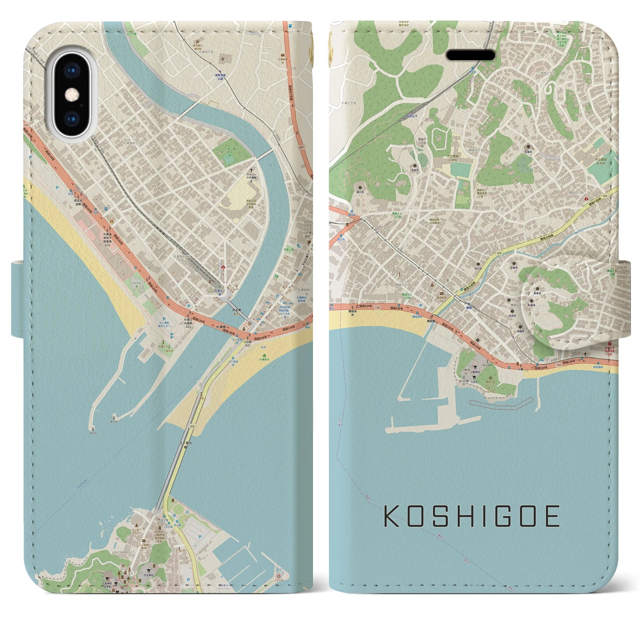 【腰越(神奈川県)】地図柄iPhoneケース(手帳タイプ)ナチュラル・iPhone XS Max 用