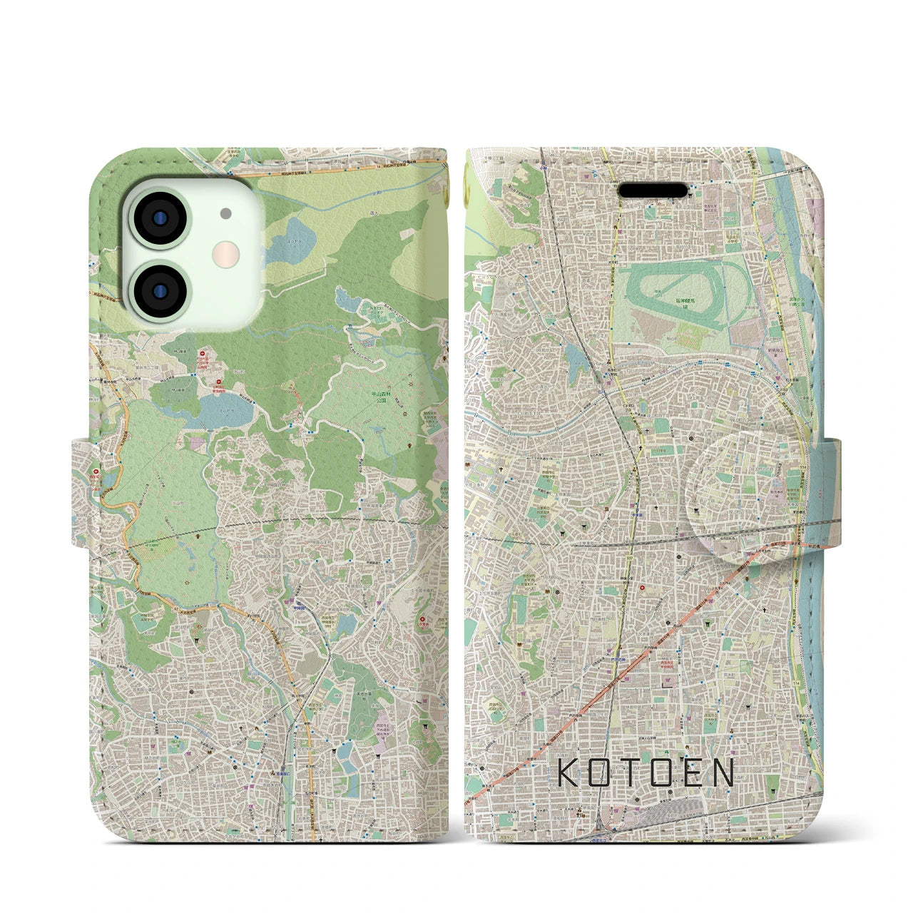 【甲東園(兵庫県)】地図柄iPhoneケース(手帳タイプ)ナチュラル・iPhone 12 mini 用