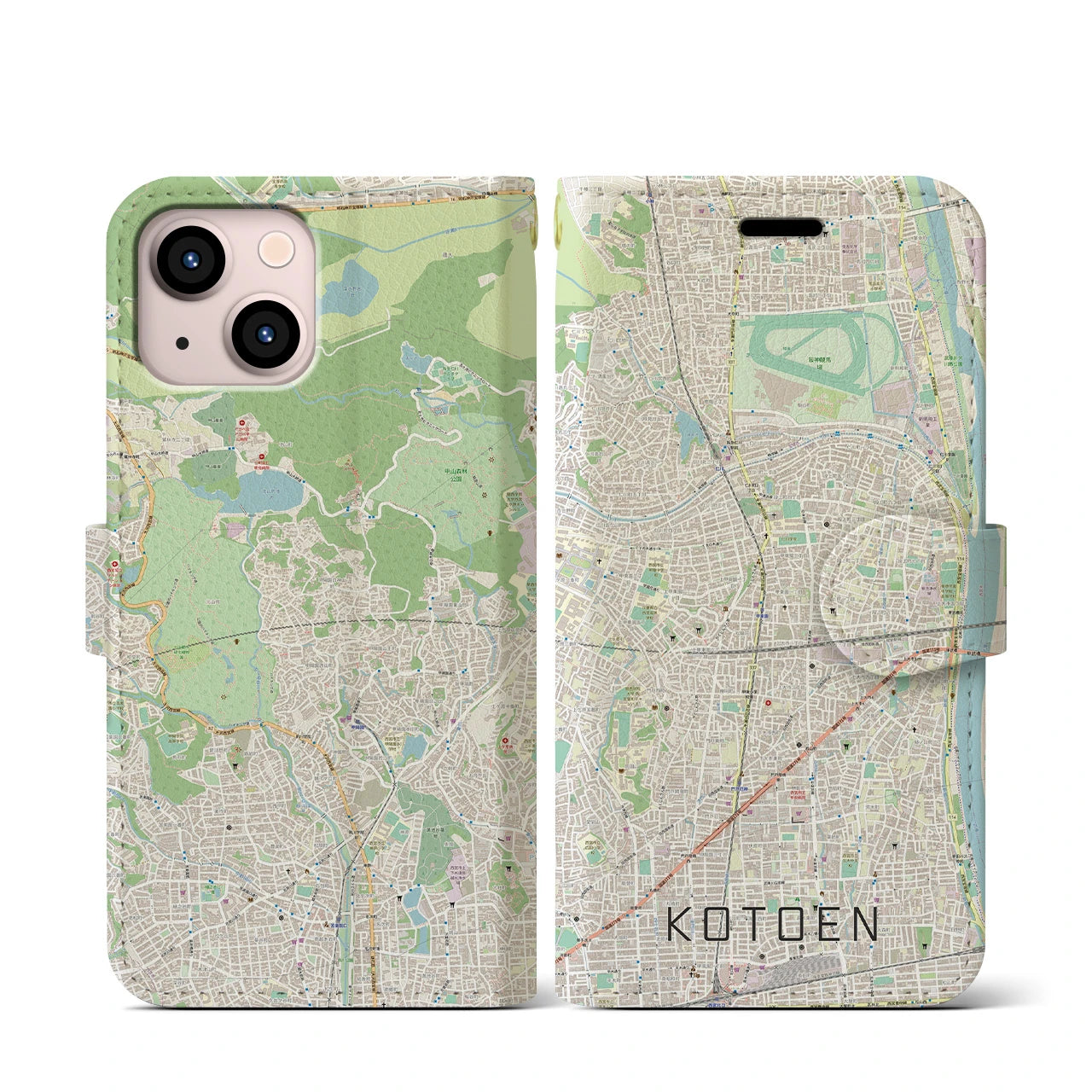 【甲東園(兵庫県)】地図柄iPhoneケース(手帳タイプ)ナチュラル・iPhone 13 mini 用