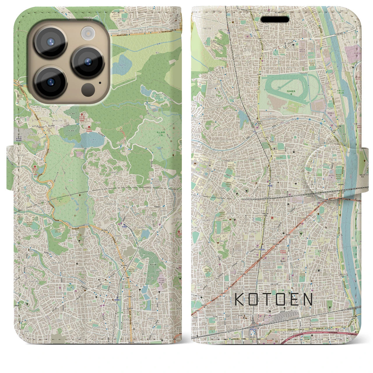 【甲東園(兵庫県)】地図柄iPhoneケース(手帳タイプ)ナチュラル・iPhone 14 Pro Max 用