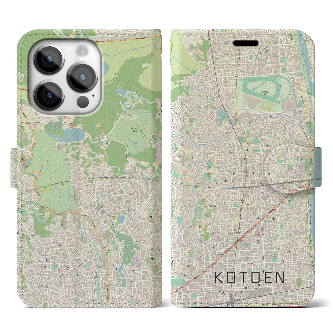【甲東園(兵庫県)】地図柄iPhoneケース(手帳タイプ)ナチュラル・iPhone 14 Pro 用