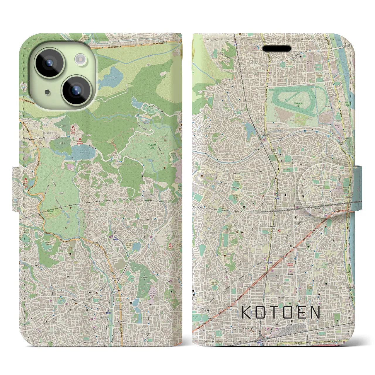【甲東園(兵庫県)】地図柄iPhoneケース(手帳タイプ)ナチュラル・iPhone 15 用