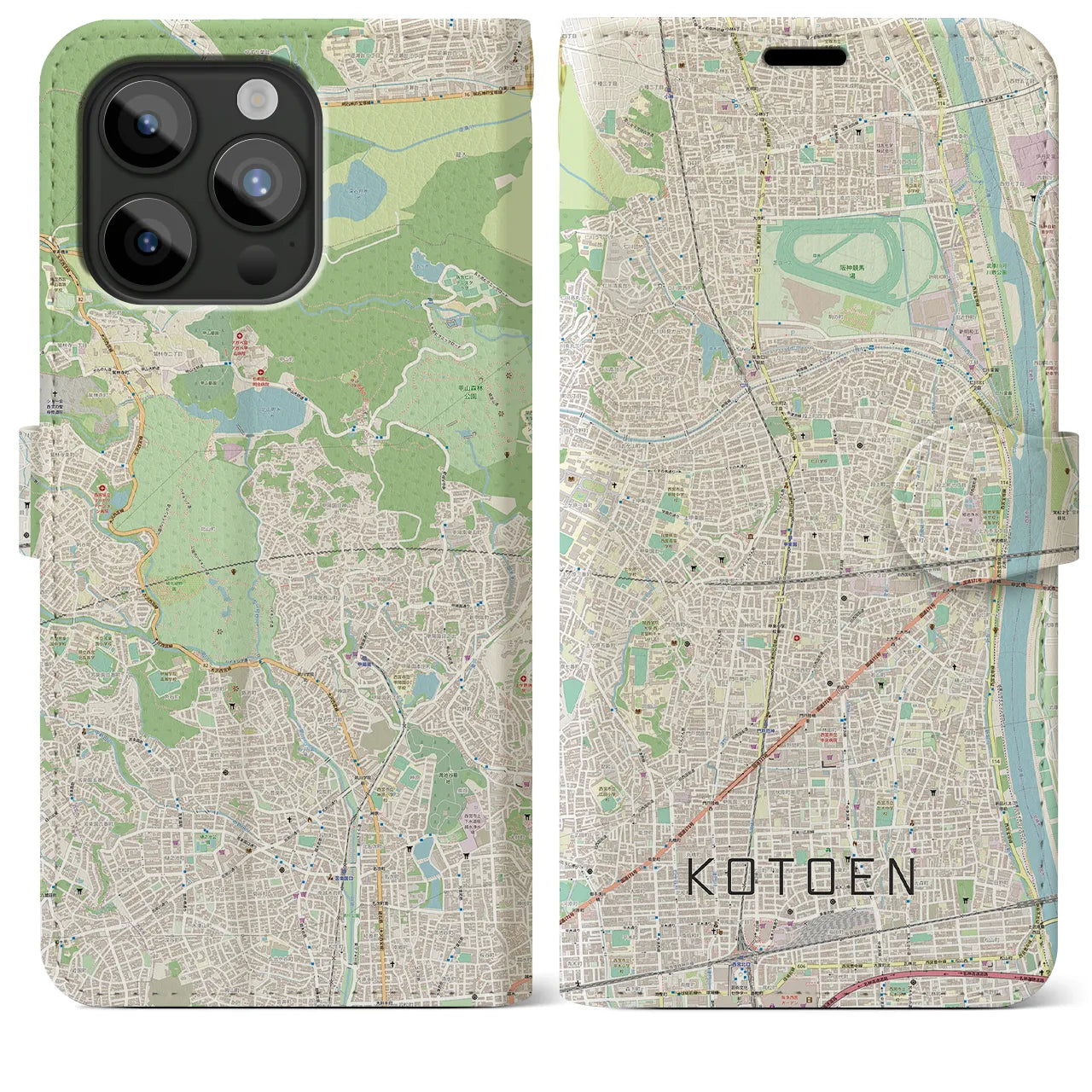 【甲東園(兵庫県)】地図柄iPhoneケース(手帳タイプ)ナチュラル・iPhone 15 Pro Max 用